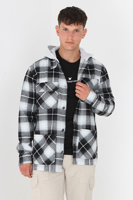 Black/White Fixed Jersey Hood Checked Shacket