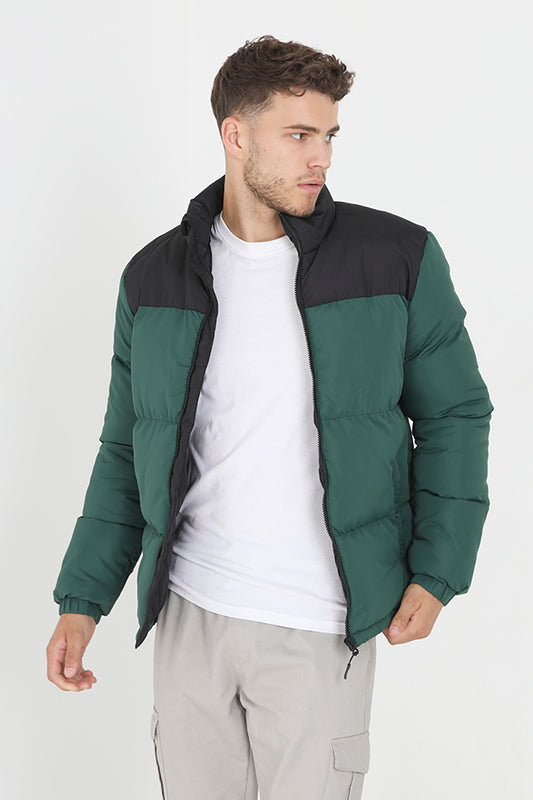 Black/Green Colour Block Pattern Padded Jacket