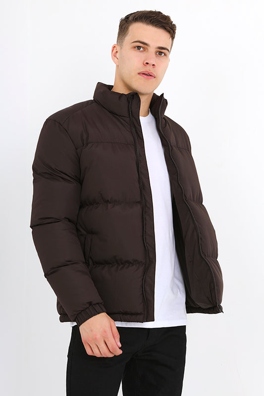 Brown Plain Colour Zip Through Puffer Coat