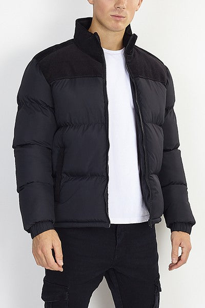 Black Cord Panel Detail Padded Puffer Jacket