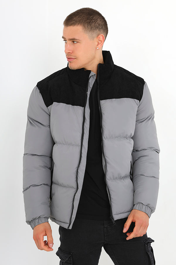 Grey Colour Block Cord Detail Zip Through Puffer Coat