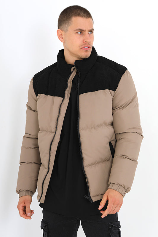 Stone Colour Block Cord Detail Zip Through Puffer Coat
