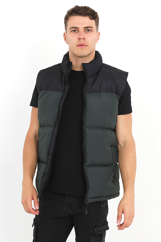 Khaki Block Colour Zip Through Padded Gilet