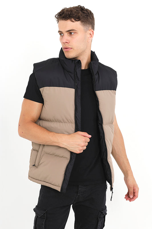 Stone And Black Block Colour Zip Through Gilet