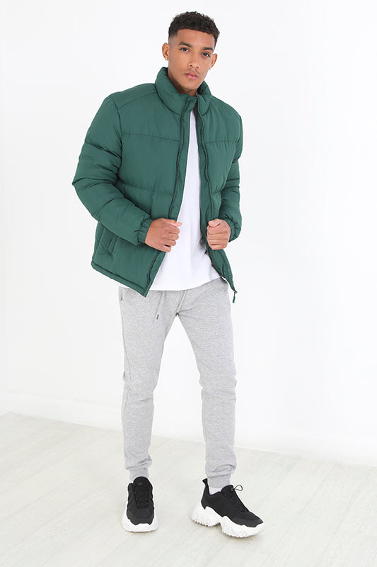 Green Funnel Collar Zip Through Puffer Style Coat