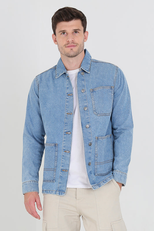 Blue Pocket Collar Detail Denim Shacket