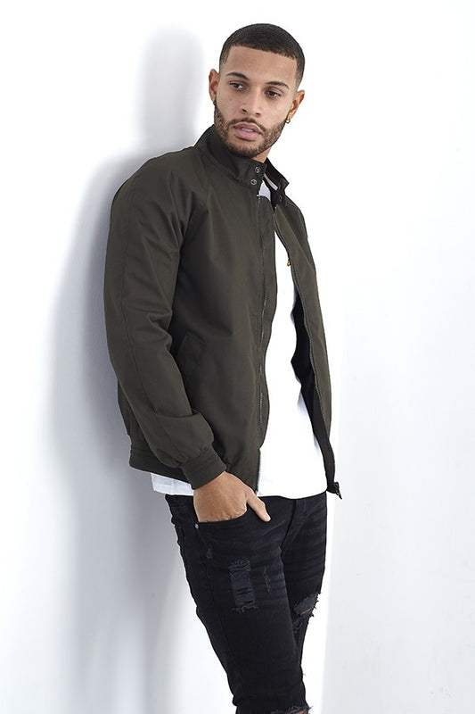 Khaki Rib Detail High Neck Harrington Jacket