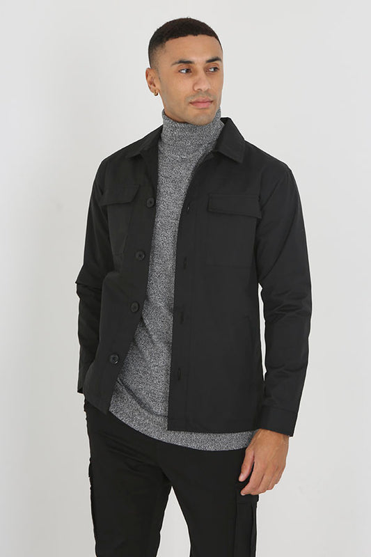 Black Button Through Long Sleeve Shacket