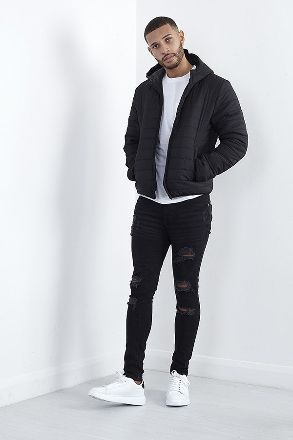 Plain Black Padded Hooded Zip Through Puffer Jacket
