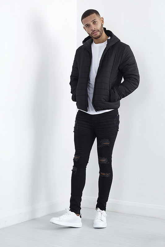 Plain Black Padded Hooded Zip Through Puffer Jacket