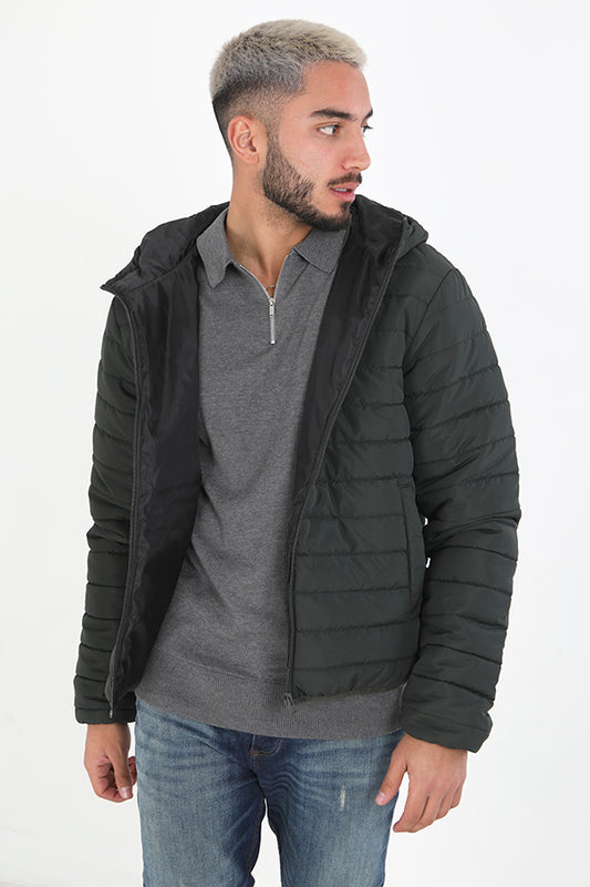Khaki Zip Through Hooded Padded Jacket
