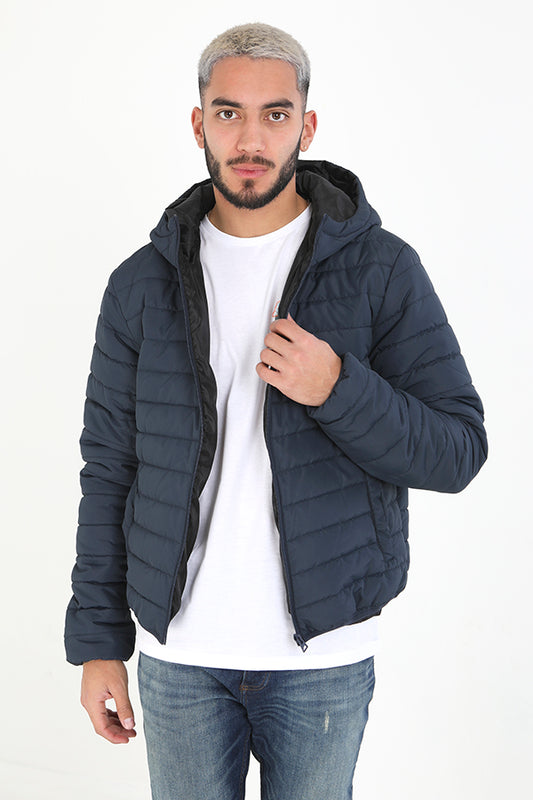 Navy Zip Through Hooded Padded Jacket