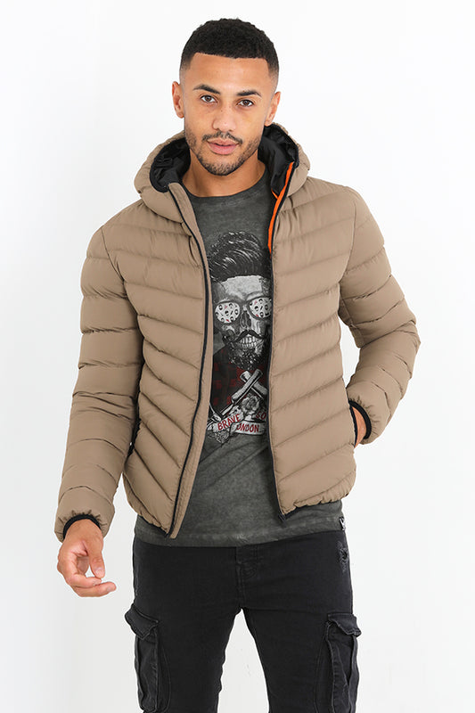 Stone Long Sleeve Zip Through Hooded Padded Jacket