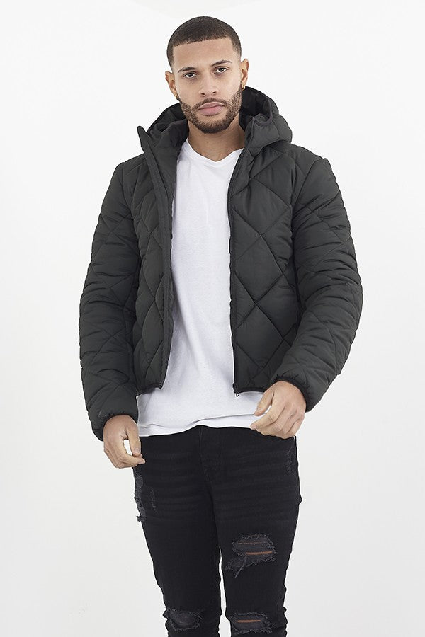 Hooded Khaki Diamond Quilted Puffer Jacket