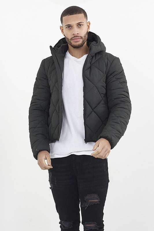 Hooded Khaki Diamond Quilted Puffer Jacket