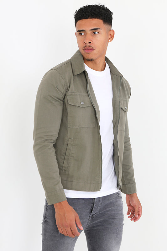Sage Green Pocket Detail Zip Through Twill Jacket