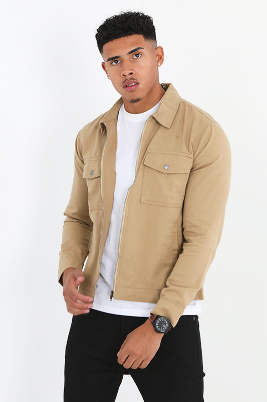 Stone Patch Pocket Detail Zip Through Twill Jacket