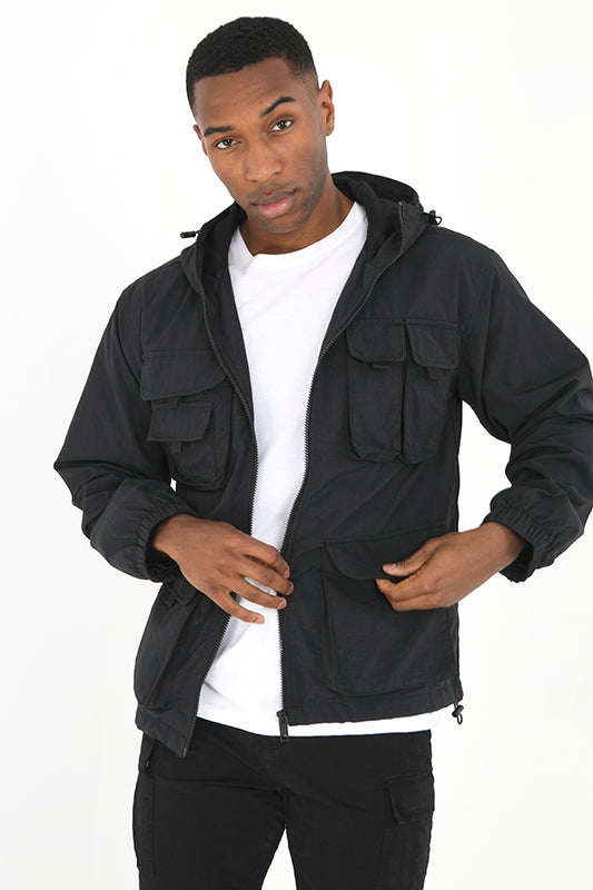 Black Mesh Lined Drawcord Detail Zip Through Jacket