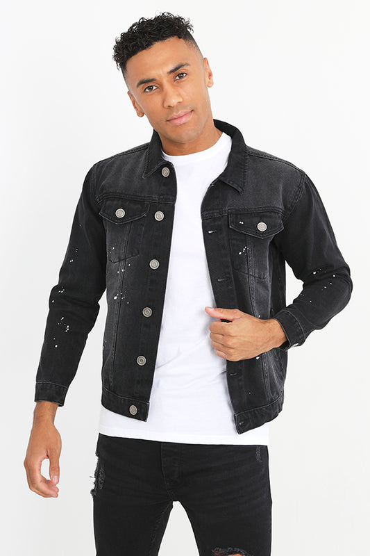 Black Button Through Paint Detail Denim Jacket