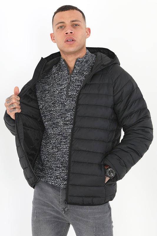 Black Padded Hooded Zip Through Pack Away Jacket