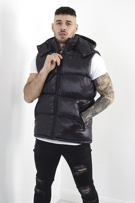 Black Funnel Neck High Shine Hooded Padded Gilet