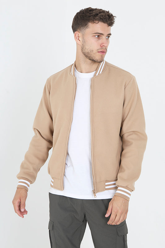 Tan/White Faux Wool Stripe Detail Bomber Jacket