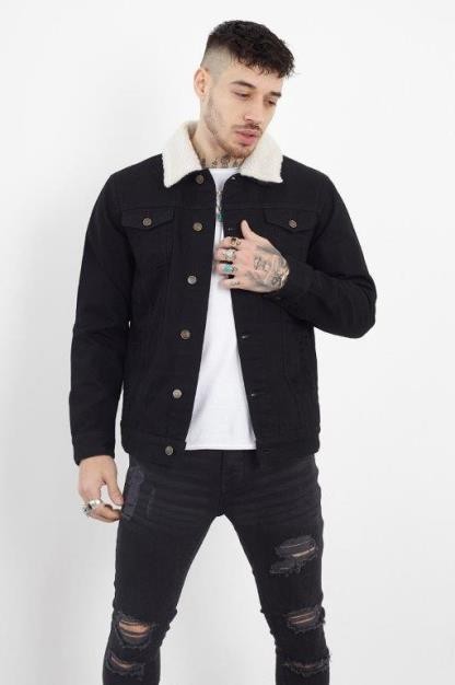 Detachable Borg Collar Detail Black Denim Jacket