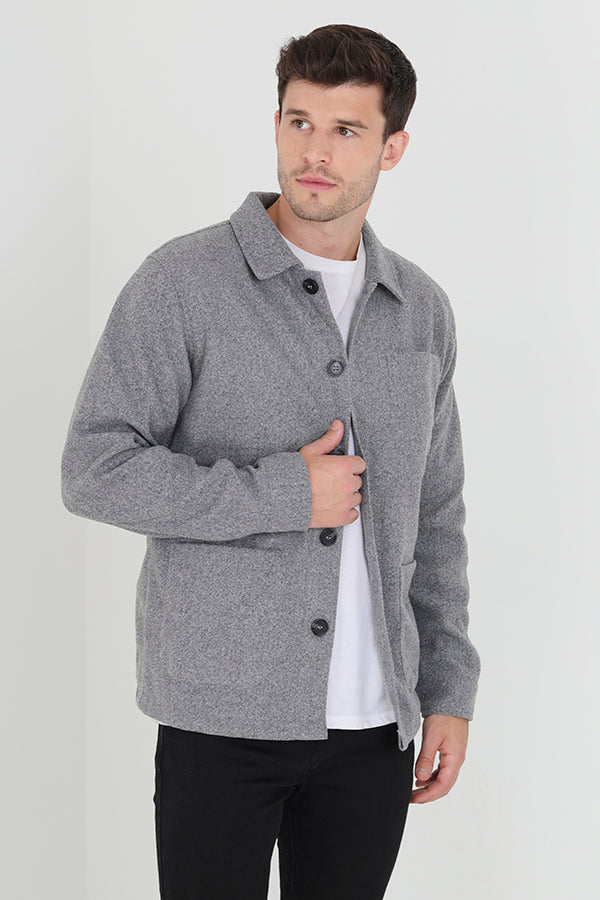 Grey Button Through Patch Pocket Shacket
