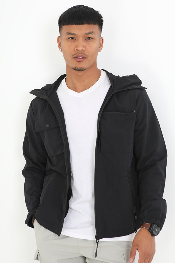 Black Lightweight Zip Through Hooded Jacket