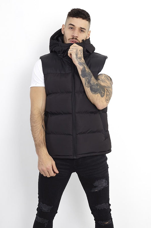 Black High Neck Zip Through Hooded Padded Gilet