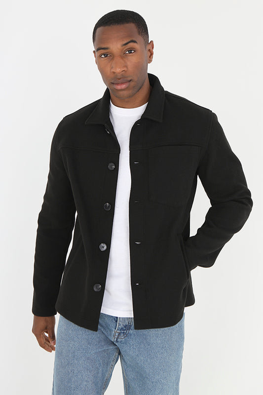 Black Button Through Long Sleeve Faux Wool Shacket