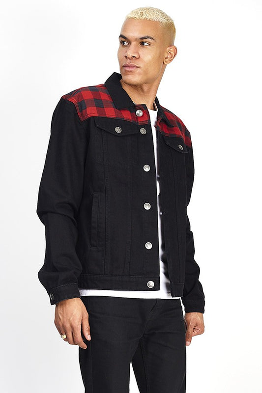 Black Denim Jacket With Checked Print