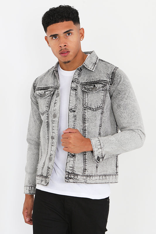 Grey Pocket Detail Button Through Washed Denim Jacket