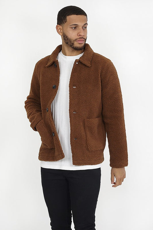 Dark Tan Borg Funnel Neck Button Through Jacket