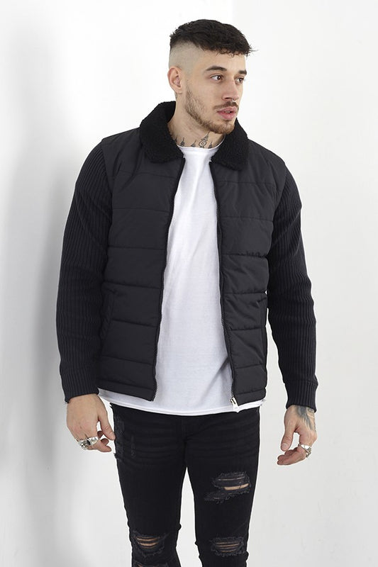 Black Borg Collar Knit Sleeve Padded Jacket