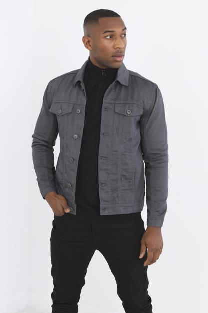 Grey Cotton Twill Button Through Denim Jacket