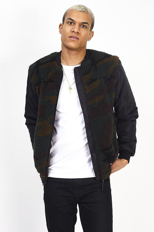 Khaki Camo Plain Sleeve Borg Bomber Jacket