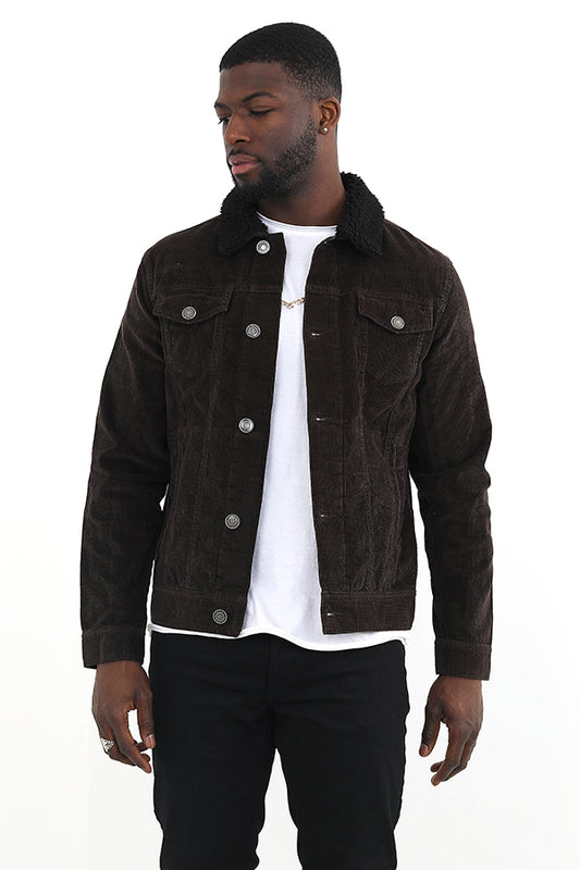 Brown Button Through Borg Collar Cord Jacket