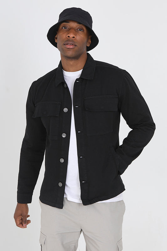 Black Button Through Collar Detail Cotton Shacket