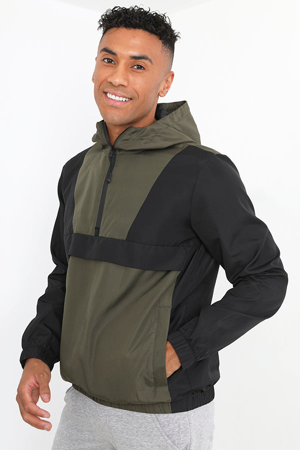 Khaki Lightweight Hooded Half Zip Windrunner Jacket