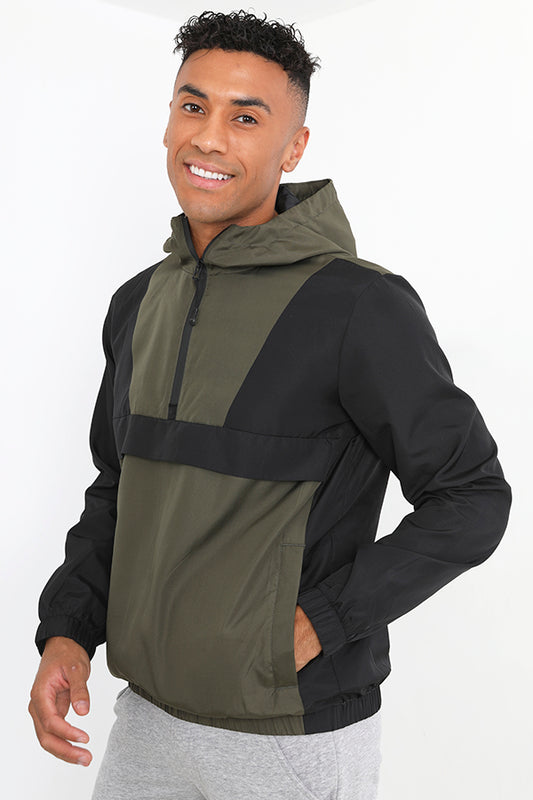 Khaki Lightweight Hooded Half Zip Windrunner Jacket