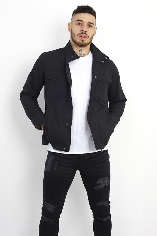 Pocket Detail Lightweight Black Funnel Neck Jacket