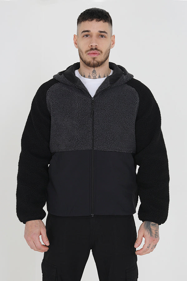 Hooded Polyester Borg Tonal Colour Block Jacket