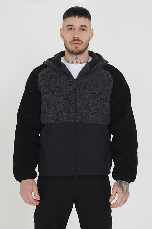 Hooded Polyester Borg Tonal Colour Block Jacket