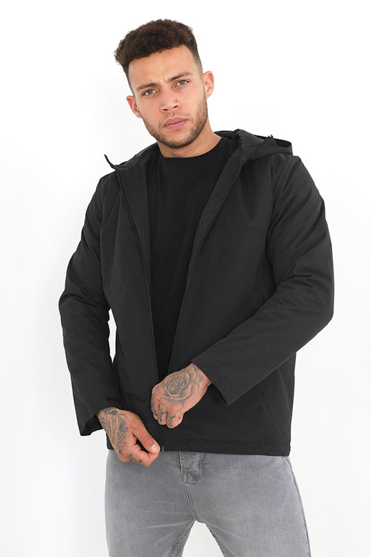 Black Zip Through Straight Padded Hooded Jacket