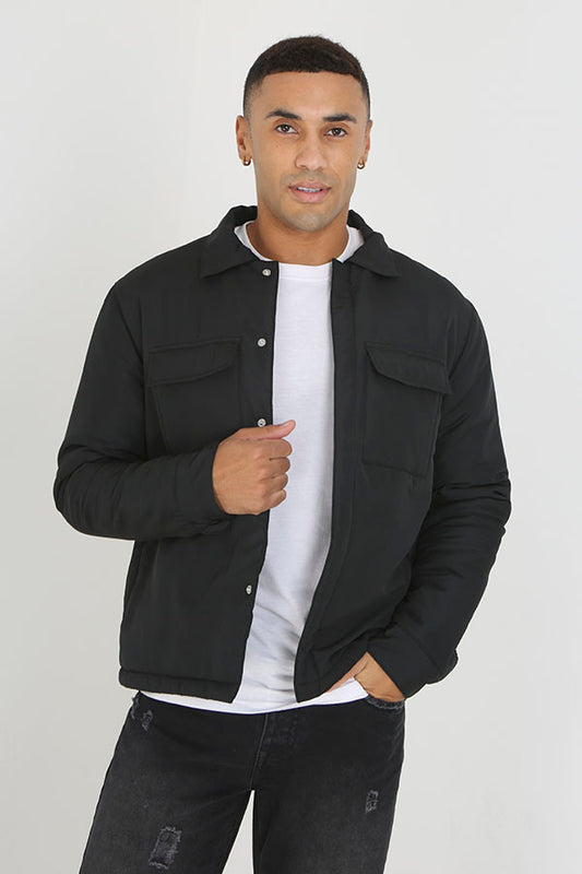 Black Popper Fastening Cargo Style Padded Shacket