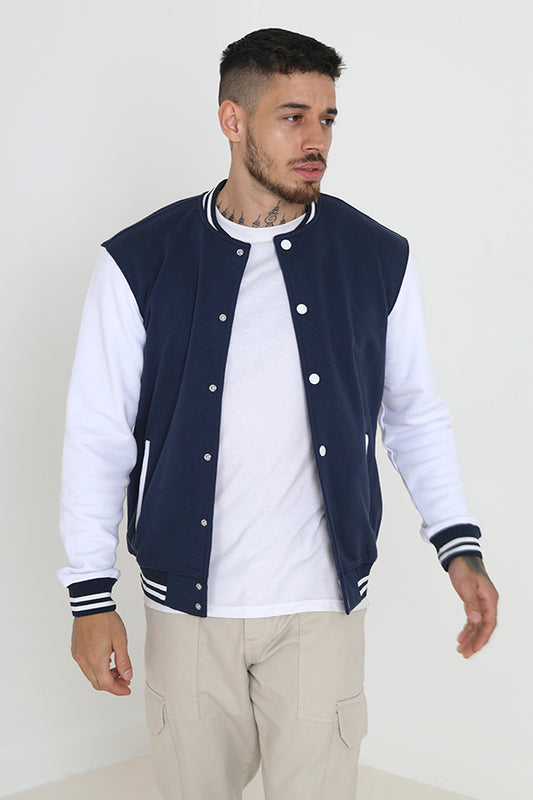 Black Ribbed Trim Popper Fastened Varsity Jacket