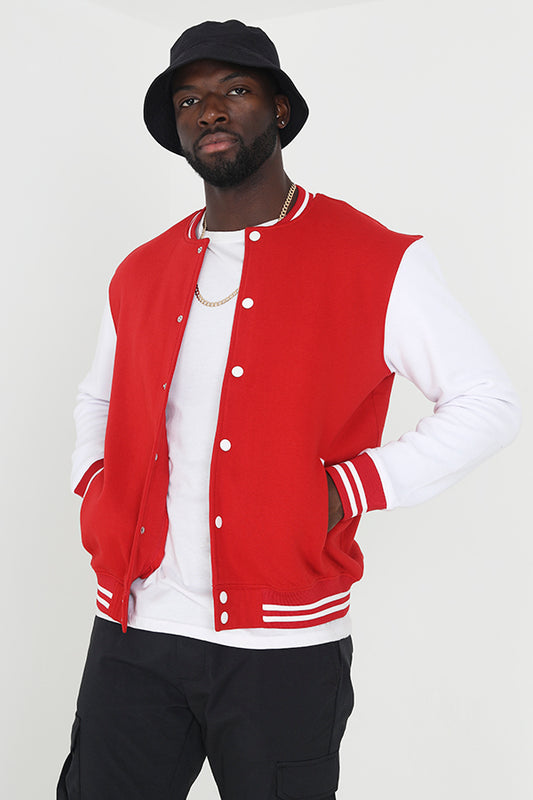 Red Ribbed Trim Popper Fastened Varsity Jacket