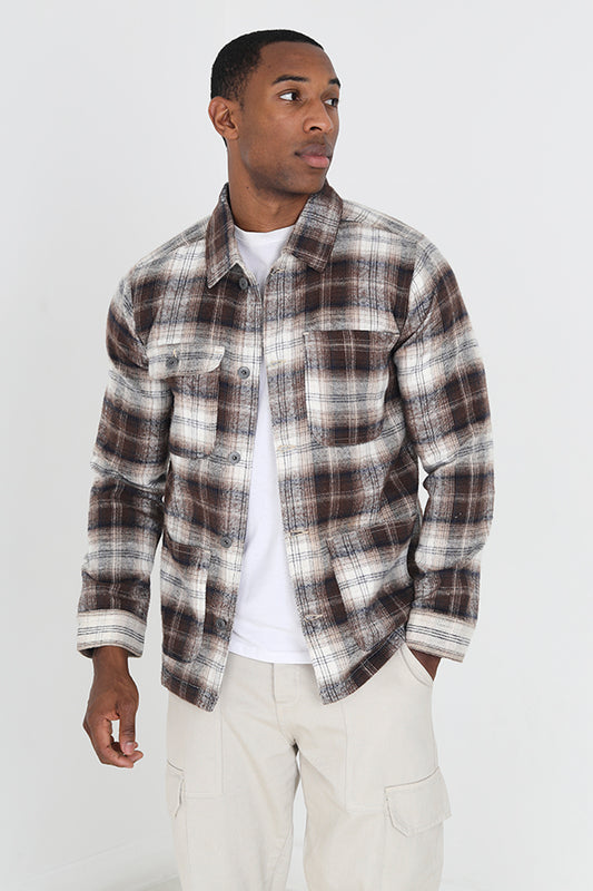 Brown Pocket Detail Self Fabric Collar Checked Jacket