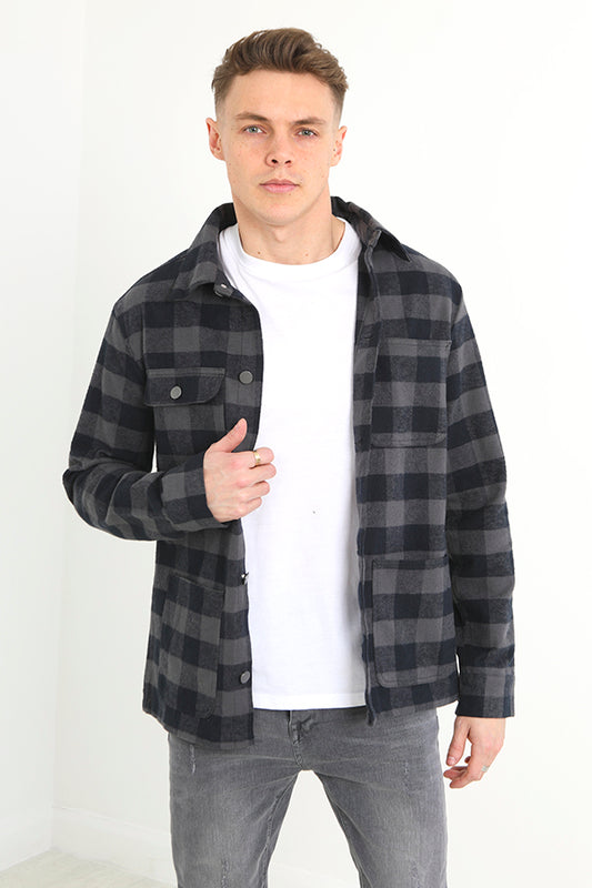 Navy And Grey Pocket Detail Checked Jacket